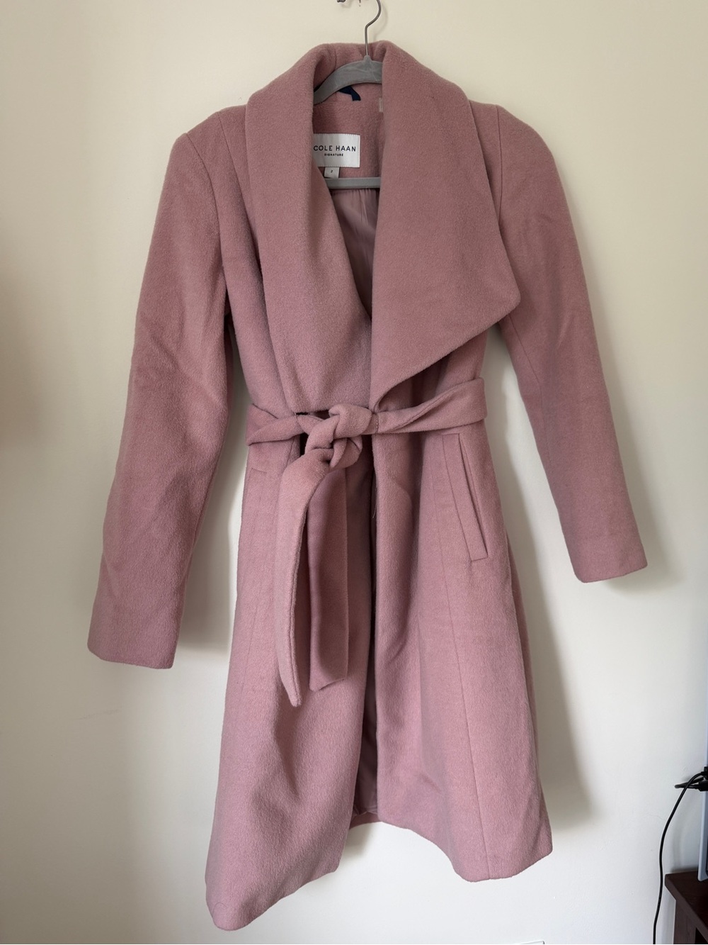 Cole Haan pink wool blend coat with belt in size 2